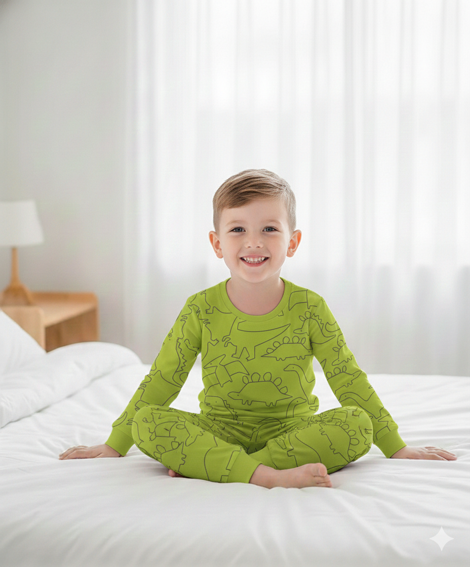 Cotton Knit Full Sleeves Night Suit With Dino Print - Green