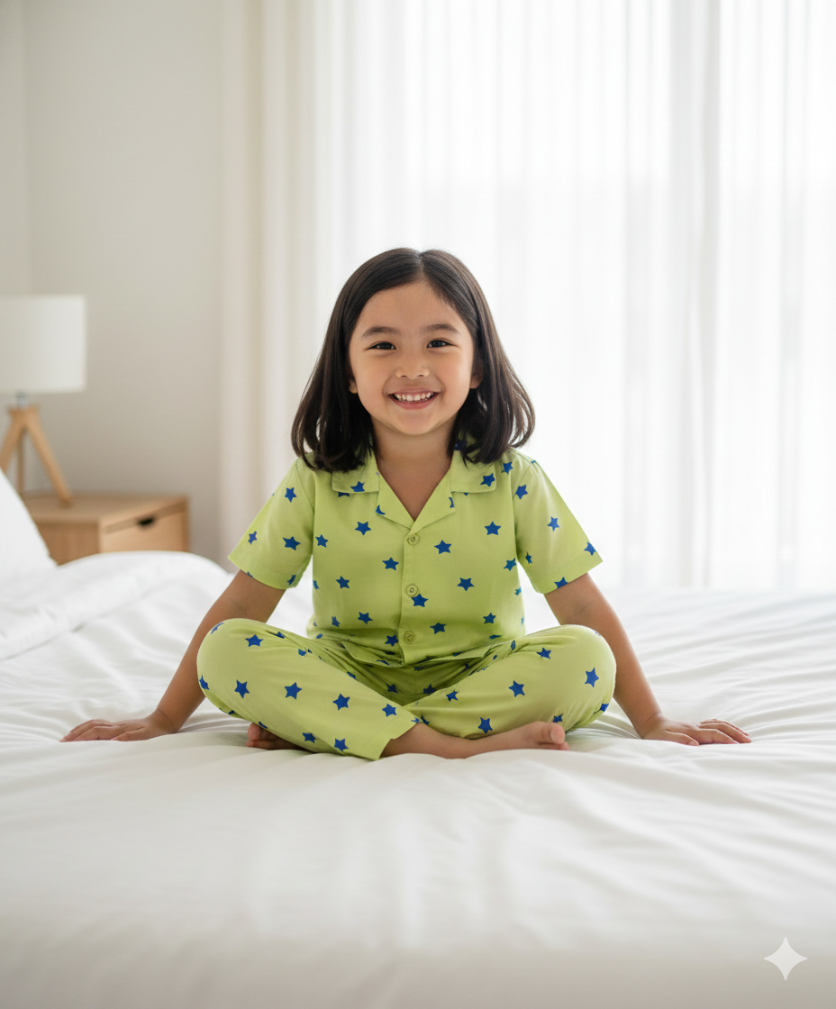 100% Cotton Woven Full Sleeves Night Suit Star Print - Green