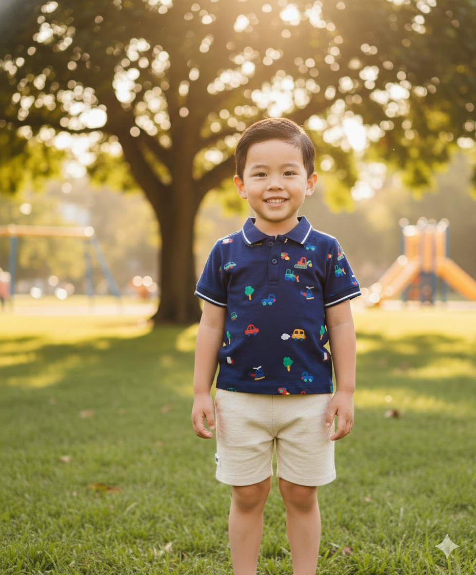 100% Cotton Knit Half Sleeves Polo T-Shirt & Shorts Set with Car Print - Navy Blue & Offwhite