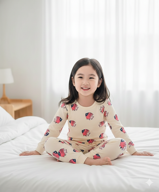 100% Cotton Knit Full Sleeves Co-ords Night Suit with Fish Print - Beige