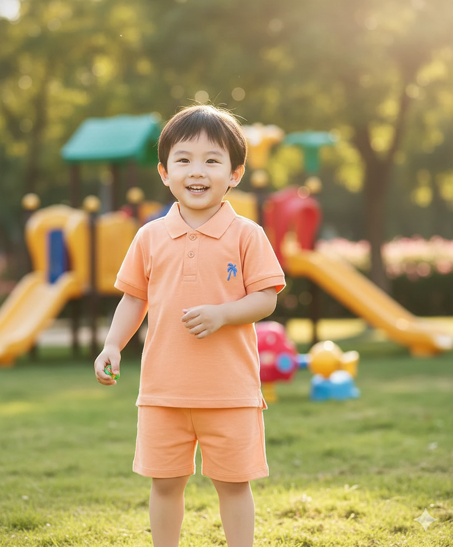 100% Cotton Knit Half Sleeves Polo T-Shirt & Shorts Set With Tree Embroidery - Peach