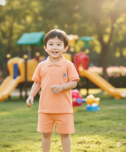 100% Cotton Knit Half Sleeves Polo T-Shirt & Shorts Set With Tree Embroidery - Peach