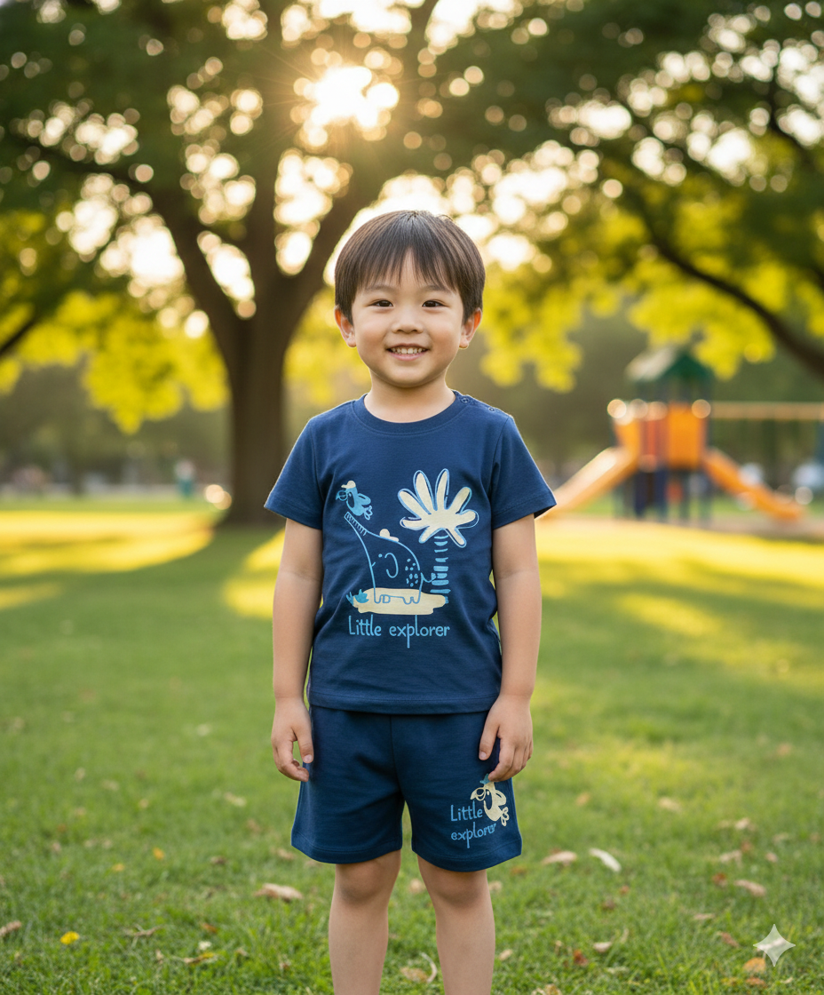 100% Cotton Little Explorer Elephant T-Shirt and Shorts Set - Navy