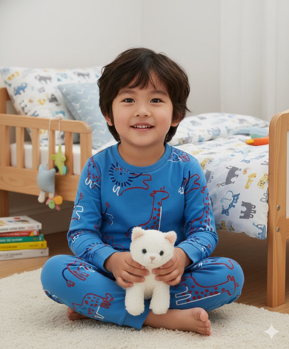 100% Cotton Knit Full Sleeves T-Shirt &amp; Joggers Co-Ord Set With Animals Print - Blue