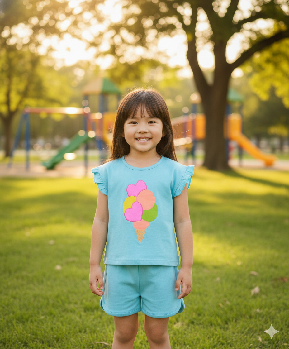 100% Cotton Knit Frill Sleeves Top & Shorts Set with Ice Cream & Hearts 3D Embroidery - Light Blue