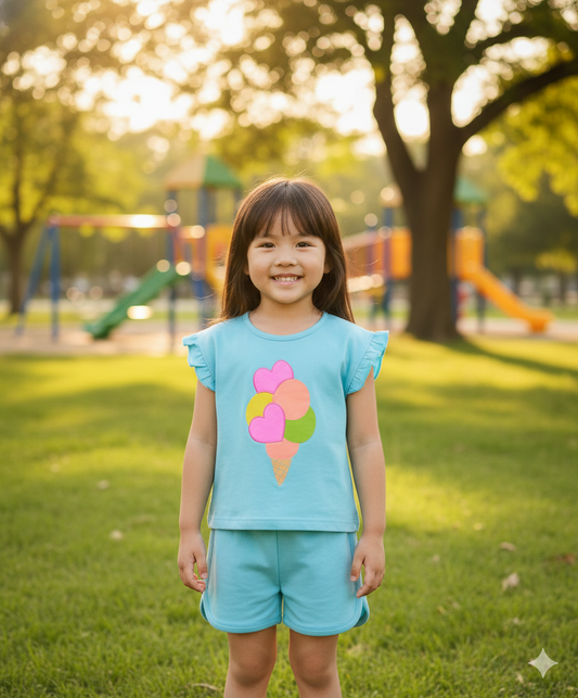 100% Cotton Knit Frill Sleeves Top & Shorts Set with Ice Cream & Hearts 3D Embroidery - Light Blue