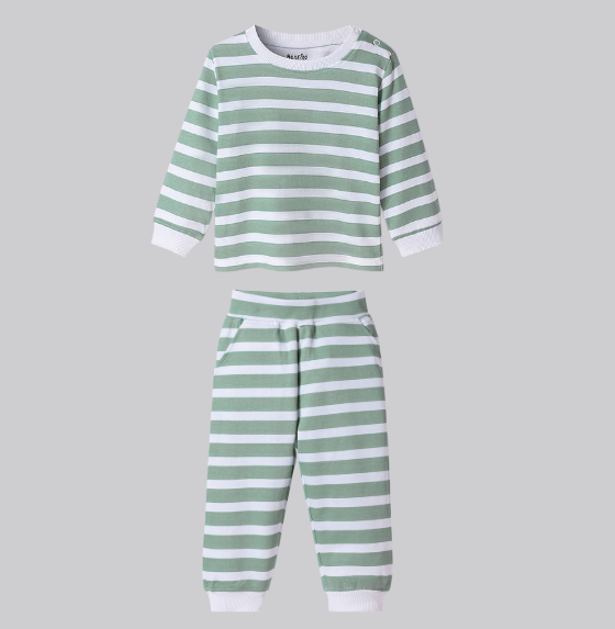 100% Cotton Knit Full Sleeves Night Suit Stripes Print - White and Mint