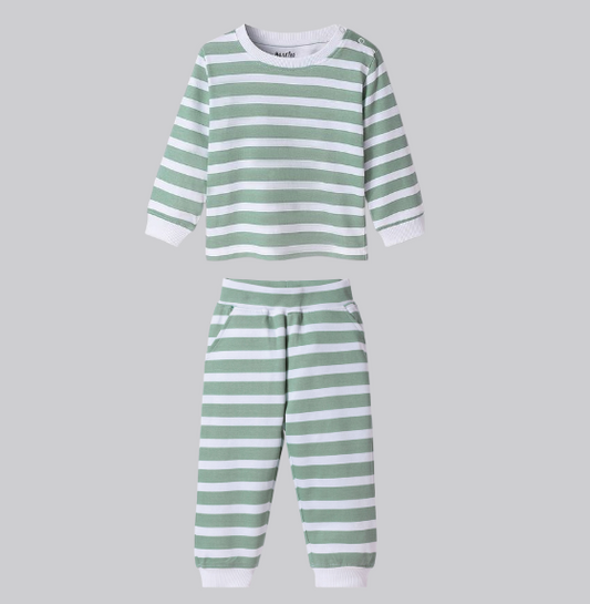 100% Cotton Knit Full Sleeves Night Suit Stripes Print - White and Mint