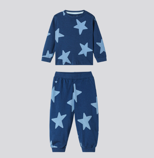 100% Cotton Knit Full Sleeves Night Suit with Star Print - Navy Blue