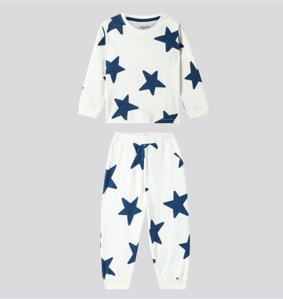 100% Cotton Knit Full Sleeves Night Suit with Star Print - White