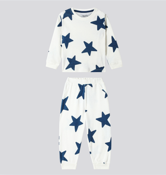 100% Cotton Knit Full Sleeves Night Suit with Star Print - White