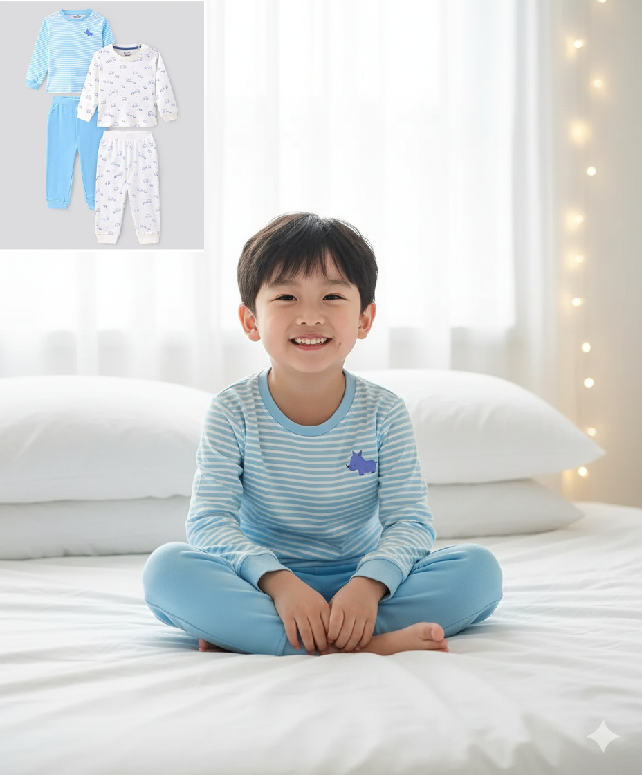 100% Cotton Knit Full Sleeves Night Suit Elephant & Rhino Print Pack of 2 - White & Blue